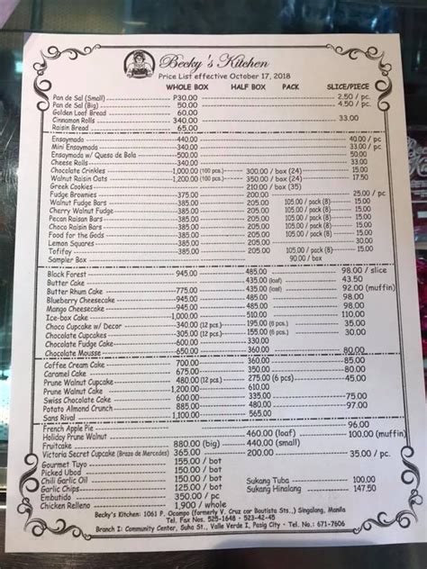 becky's kitchen price list 2024|Becky's Kitchen menù, Manila .
